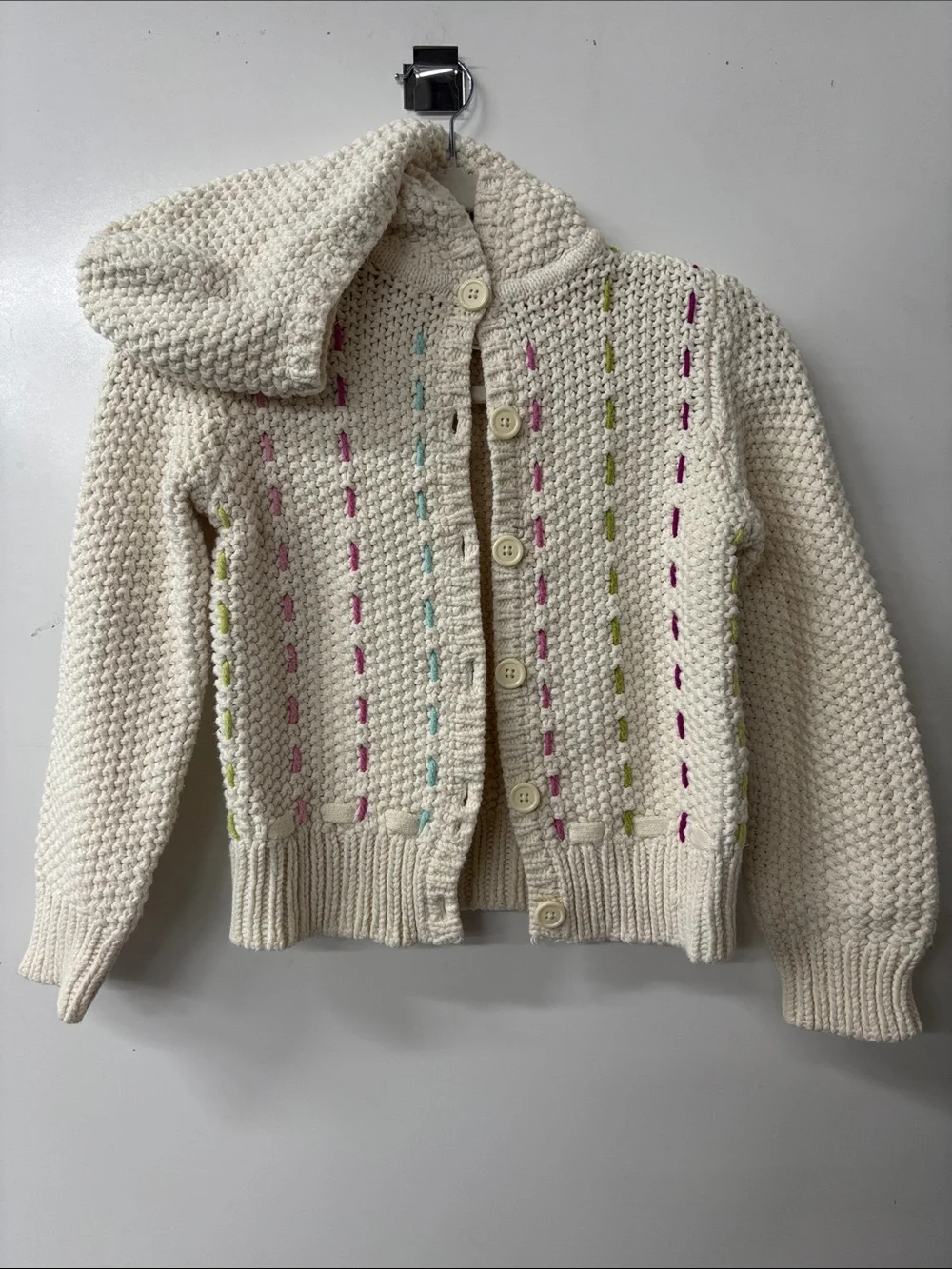 Gymboree Cream Hooded Knit Cardigan with Pink, Green, and Blue Stitching